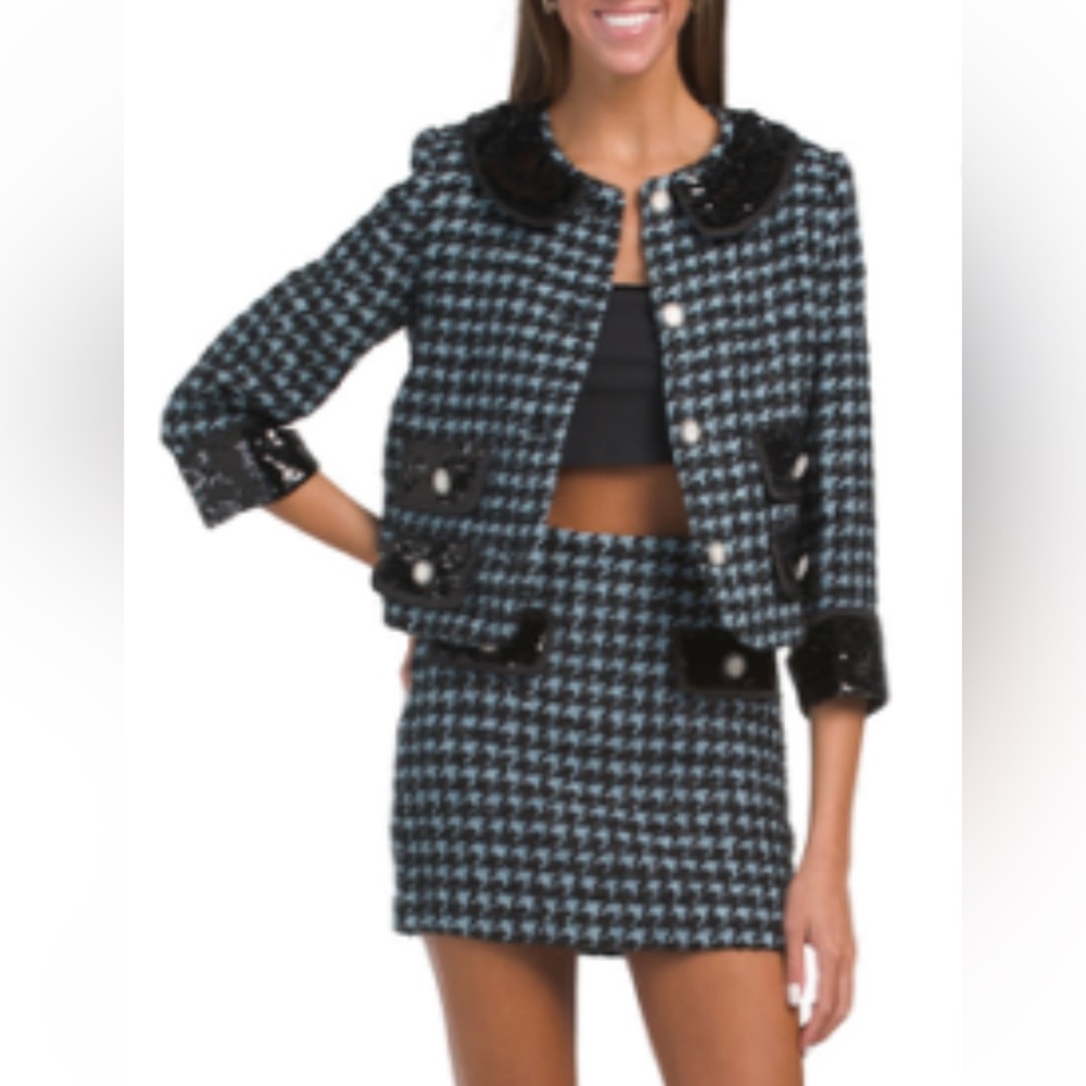 Endless Rose Black &Aqua SetTweed Sequin Jacket & Houndstooth Tweed Mini Skirt
